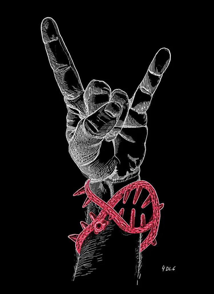 Hand-drawn raised hand making a rock gesture, with a bracelet and small green accents